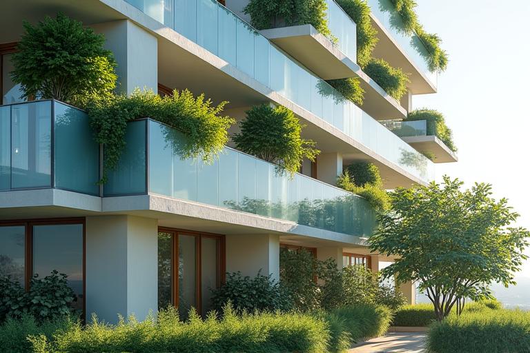 Représentation artistique de l'architecture durable avec des éléments naturels, de la lumière et des formes épurées.