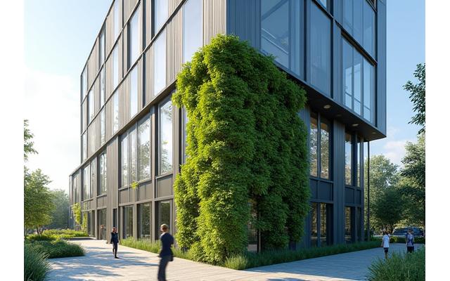 Façade d'un bâtiment moderne avec des panneaux solaires intégrés, un mur végétalisé et des systèmes de récupération d'eau de pluie, symbolisant la conception durable par Clé de Voûte.
